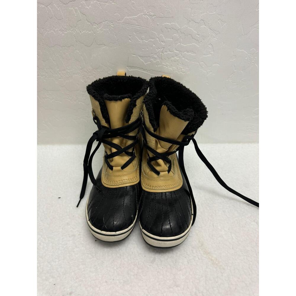 Sorel NY1836-225 Tan Black Winter Boots Waterproof Lace Up Faux Fur Womens Size